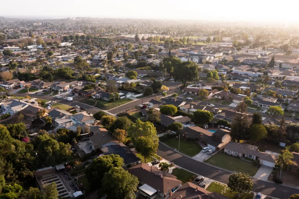 Aerial view of residential neighborhood in La Habra, California at sunset
